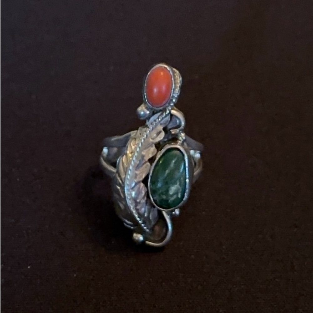 Silver Ring with Red and Green Stones